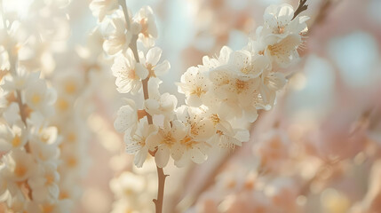 White Flowers Bloom Beautifully on Branches in Soft Sunlight with Bokeh Background