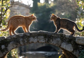 Two Playful Cats Facing Each Other on a Sunlit Stone Bridge Surrounded by Lush Greenery, Capturing a Serene Moment in Nature's Embrace