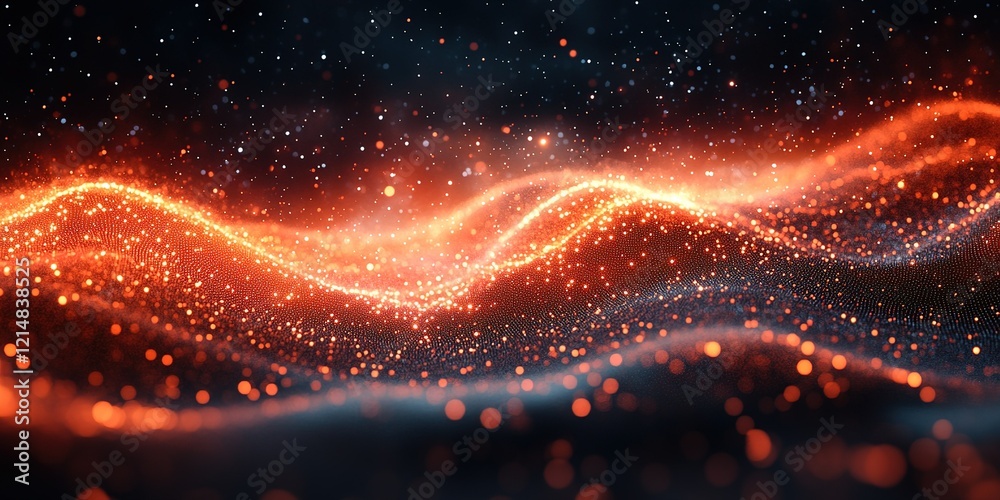Poster dynamic waves of glowing orange and shimmering particles create a stunning visual display in a dark 