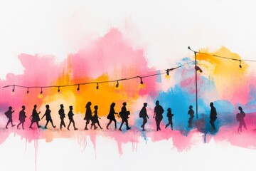 Fototapeta premium A soft watercolor painting of a group of people celebrating outdoors, with vibrant pastel hues blending in the sky and festive decorations adding energy