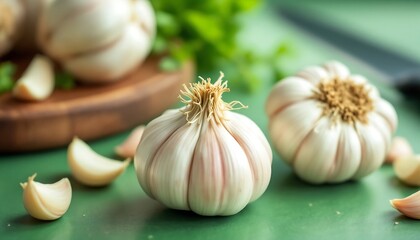 Fresh Garlic Cloves on Green Surface: Culinary and Health Benefits