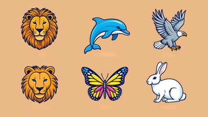 Obraz premium Vibrant Animal Illustrations Lion Dolphin Eagle Butterfly Rabbit Designs