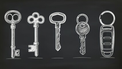 Collection of Hand Drawn Keys on Chalkboard Vintage Modern and Car Keys Illustrated