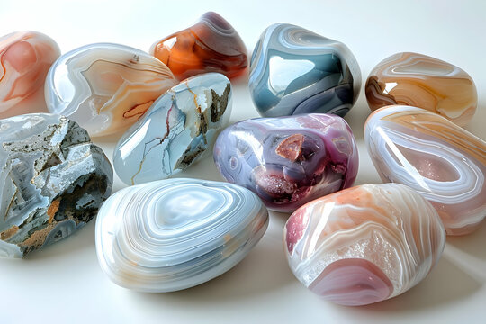 Colorful Polished Agate Stones Displayed on White Background, Showcasing Natural Beauty