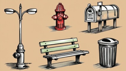 Hand drawn illustration of park elements street lamp bench fire hydrant mailbox trash can
