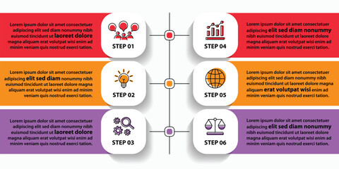 6 steps infographic template with 6 options. Flowchart that can be used for business report, data visualization and presentation. Timeline infographic elements vector illustration.