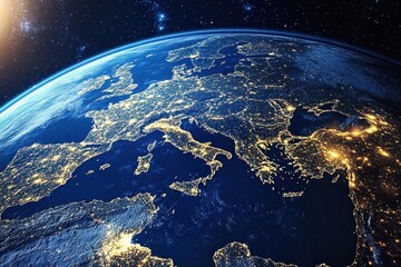 Fototapeta premium Europe Nightlights Space view, Earth's glow, city lights, cosmos background, global concept