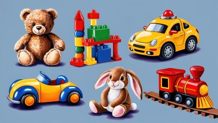 Colorful Child s Toys Teddy Bear Bunny Cars Train and Building Blocks