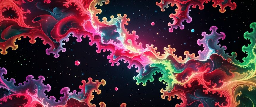 Fototapeta Multicolored fractals in glowing neon shades of red pink and green floating across a black cosmic canvas illustration background design