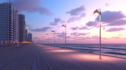 Serene Seaside Boardwalk: Urban Skyline Reflecting Ocean Waves with Modern Lampposts and Fluttering Flags Cinematic Scene