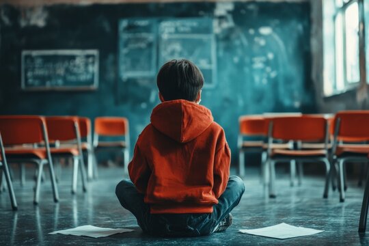 A student sitting on the floor of an empty classroom, staring at a failed test paper with tears in their eyes