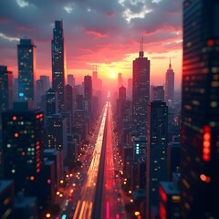 Fototapeta premium Surreal Science Cityscape Vibrant Sunset with Futuristic Lights