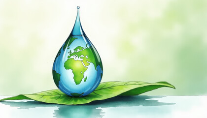 Obraz premium Earth inside a water droplet on a leaf for environmental blogs and World Peace Day designs
