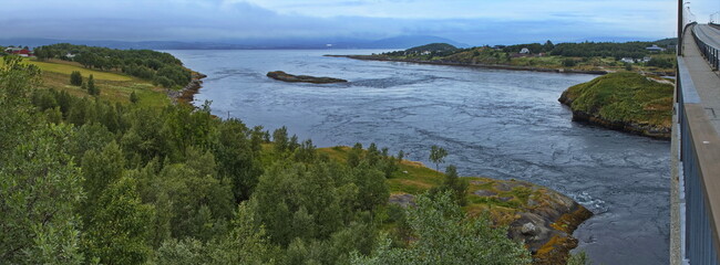 Obraz premium Panoramic view of the landscape at the Saltstraumen bridge in Nordland county, Norway, Europe 