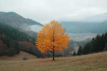 Fototapeta premium Colorful autumn leaves on tree in autumn valley with nobody in the park