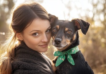 Young Woman Embracing Her Adorable Dog Outdoors During the Golden Hour with Warm Light and a Natural Background, Capturing a Heartfelt Connection Between Pet and Owner