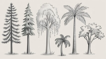 Diverse Pencil Sketch of Trees Conifers Palms and Deciduous Trees Illustration