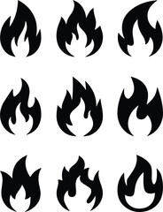 Fire flame icons set. Flat style vector illustration. Black on white.
