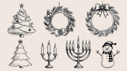 Fototapeta premium Hand Drawn Christmas Hanukkah Holiday Symbols Trees Wreaths Candles Snowman