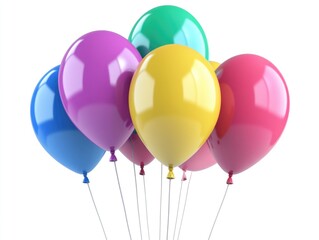 Colorful helium filled party balloons in a row, with multi-colored strings and candy striped design.