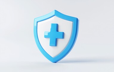 Obraz premium 3D digital icon of a shield with a bold plus symbol, rendered in a blue and white medical-themed color scheme, set against a clean white background. 