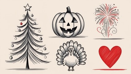 Hand drawn Holiday Symbols Christmas Tree Pumpkin Turkey Fireworks Heart