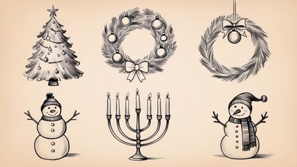 Hand drawn Christmas Winter Holiday Illustrations Tree Wreaths Snowmen Menorah