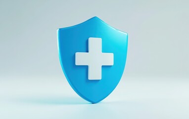 Fototapeta premium 3D digital icon of a shield with a bold plus symbol, rendered in a blue and white medical-themed color scheme, set against a clean white background. 