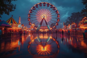 Rainy night at summer fair. People walk around colorful amusement park attractions. Ferris wheel shines brightly. Wet pavement reflects lights. Funfair atmosphere. Evening entertainment. Family fun.