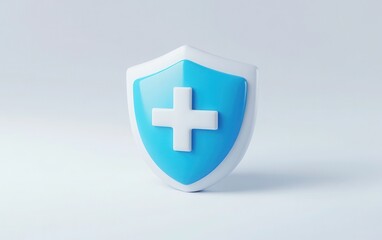 Obraz premium 3D icon of a shield with a plus symbol, featuring a clean white and blue color palette, isolated on a white background. 