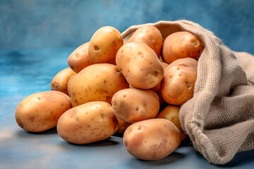 Fresh Potatoes Spill from Burlap Sack on Rustic Blue Surface, Ready for Cooking