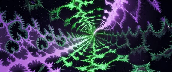 Obraz premium Radiating neon green fractal patterns with soft purple highlights floating in dark cosmic void illustration background design