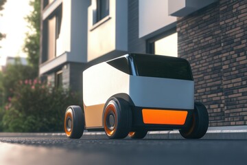 Futuristic delivery robot navigating a modern urban environment during sunset