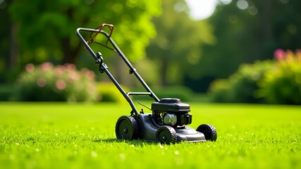 Fototapeta premium Antique Lawnmower in Lush Garden - Vibrant Summer Scene