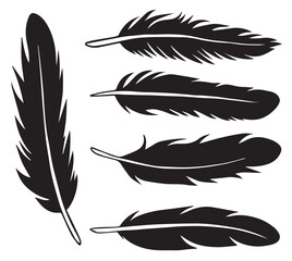 Bird feather. Feathers vector set in flat style. Feather outline, wings, feather peacock. Fluffy single feather pen icon. Black quill feather silhouette. Plume collection isolated on white background © Md