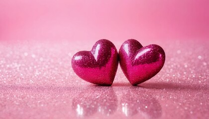 Fototapeta premium Two Pink Glitter Hearts on Pink Background