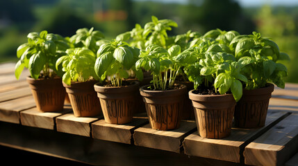 Fresh Basil Plants Thrive in Terracotta Pots on a Rustic Wooden Table Outdoors