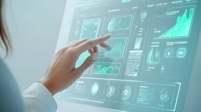 Woman interacts with a futuristic digital interface displaying financial data