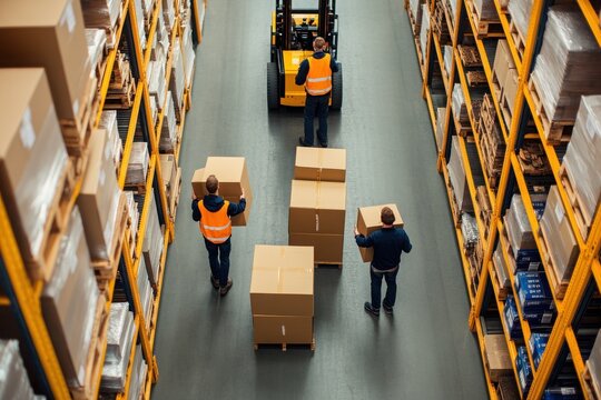 Warehouse workers in an organized storage facility efficiently moving boxes for inventory management and logistics operations.