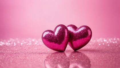 Obraz premium Two Pink Glitter Hearts on Sparkling Background