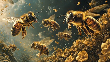 Fototapeta premium honey bee, apis mellifera, silhouette of a bee, anatomical structure of an insect, bee bathed in pollen, pollinating insect, dandelion flower, yellow flower, anthers, stamens, pollination, worker bee