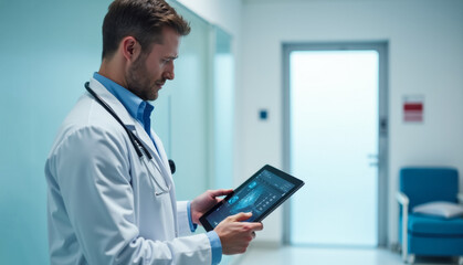 Young caucasian male doctor using digital tablet in hospital corridor