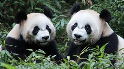 Fototapeta premium Two Curious Pandas Among Lush Green Foliage