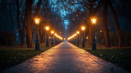 A peaceful night scene of a park path illuminated by warm streetlights, symbolizing solitude and reflection. Ideal for urban tranquility, relaxation themes, and outdoor lifestyle visuals.