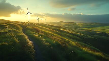 Obraz premium Harnessing clean energy wind turbines on rolling hills nature's landscape serene environment sustainable concept