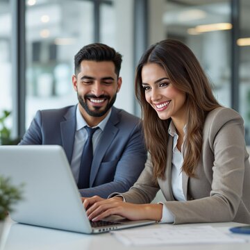 Ejecutivos hispanos, hombres y mujeres, trabajando en computadoras port&aacute;tiles en la oficina. Ambas personas est&aacute;n sonriendo.