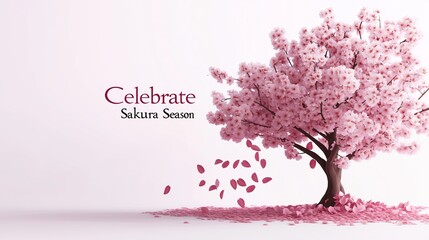 Fototapeta premium Blooming pink cherry blossom tree with falling petals and text Celebrate Sakura Season