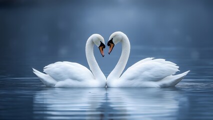 Fototapeta premium A romantic and serene image of two graceful swans gracefully entwined in a heart shape on a calm lake.