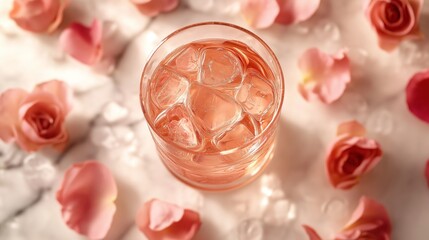 Refreshing drink served with rose petals on marble surface in soft light