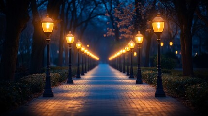 A peaceful night scene of a park path illuminated by warm streetlights, symbolizing solitude and reflection. Ideal for urban tranquility, relaxation themes, and outdoor lifestyle visuals.